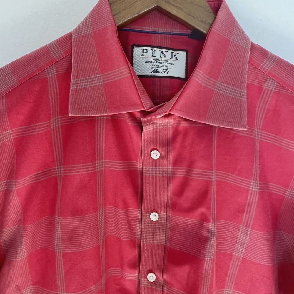 Thomas Pink Shirt Mens Size 17 Red Windowpane 100% Cotton Slim Fit Long Sleeve